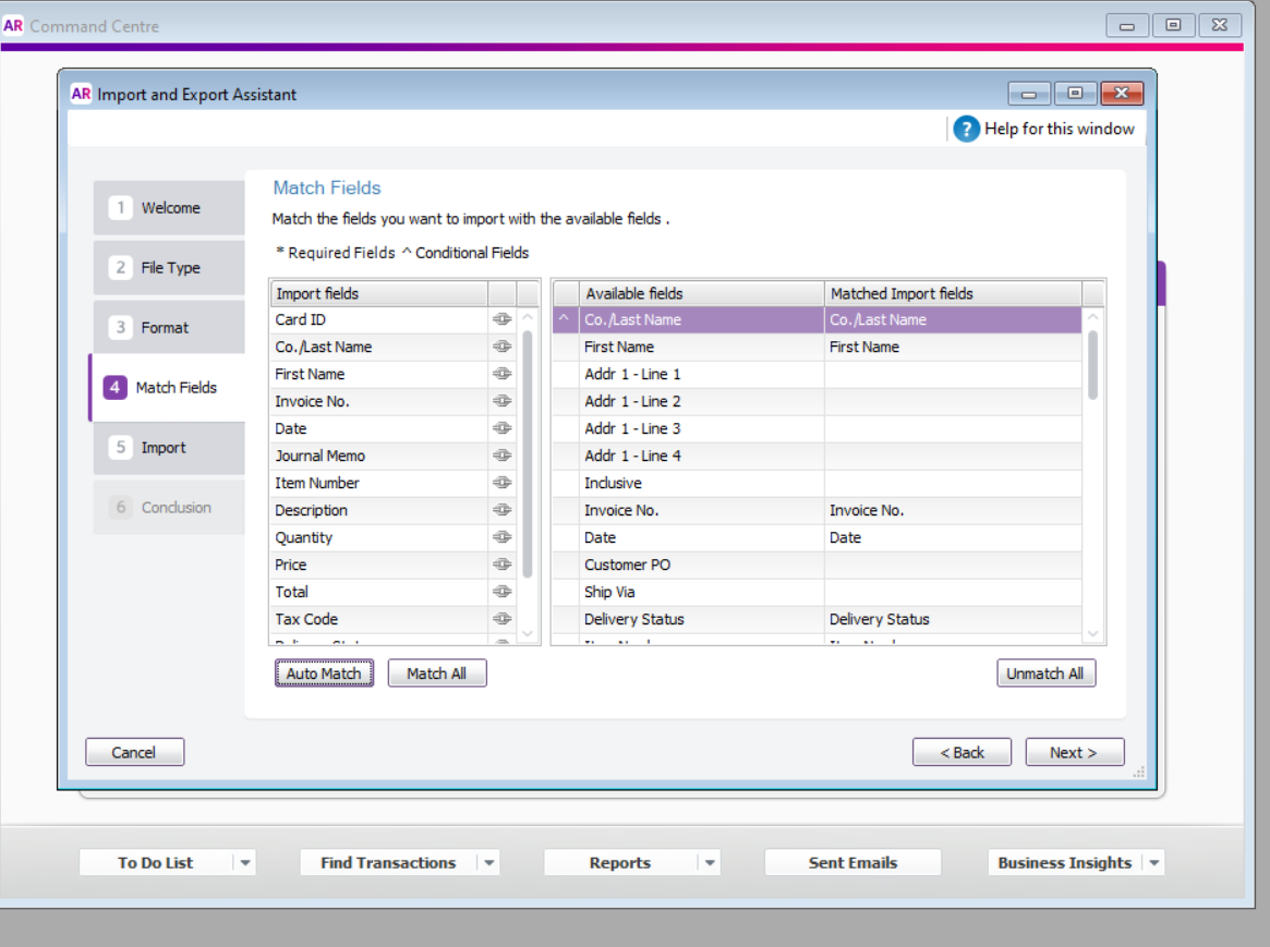 Match fields in MyOB